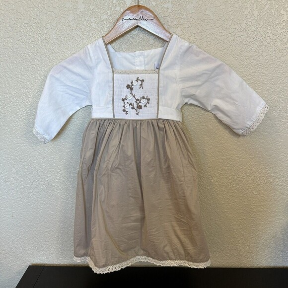 Periwinkle Parasol White Brown Long Sleeve Dress 4T Smocking Lace Tie Back - Picture 1 of 7